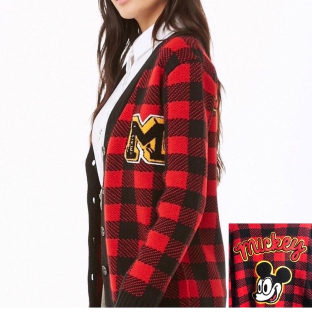 Disney x Forever 21 Varsity Mickey Mouse Patch Cardigan Buffalo print